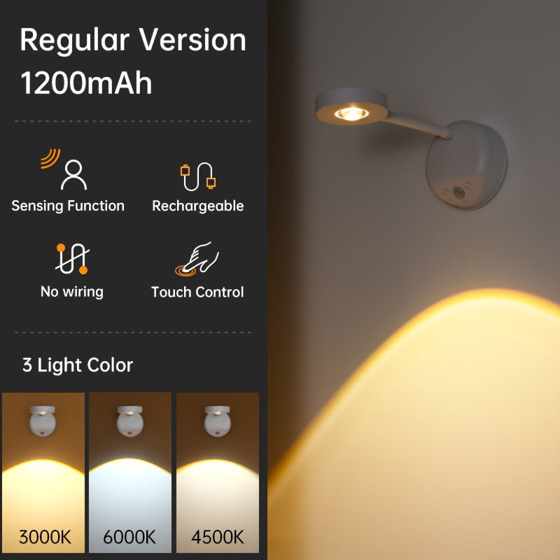 Lámpara decorativa de pared con sensor de movimiento, recargable por USB, 3 modos de color, brillo ajustable