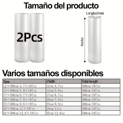 2 rollos de bolsas de sellado al vacío Agashe, 5 m de longitud, 7 tamaños disponibles, sin BPA, duraderas y resistentes al desgarro, para almacenamiento de alimentos y cocción a baja temperatura, artículos esenciales de cocina para el hogar