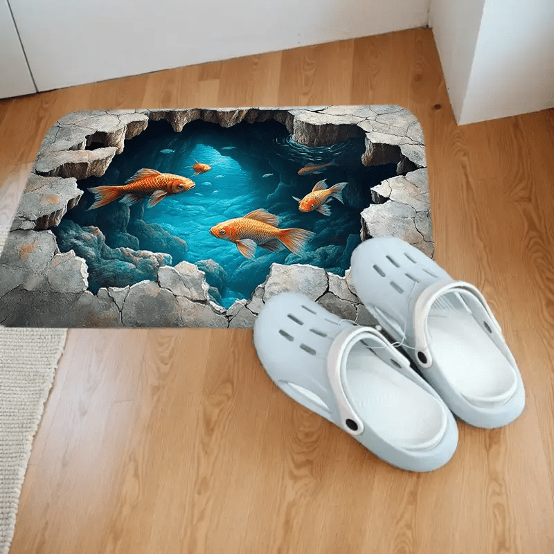 Alfombra de Cocina Ilusión 3D - Alfombra de Poliéster, 1.2 cm/0.47 pulgadas de Grosor con Diseño de Océano y Peces - Alfombra Decorativa Lavable en Máquina para Hogar u Oficina - Paisaje Submarino Realista con Efecto Roca Agrietada - Una Pieza