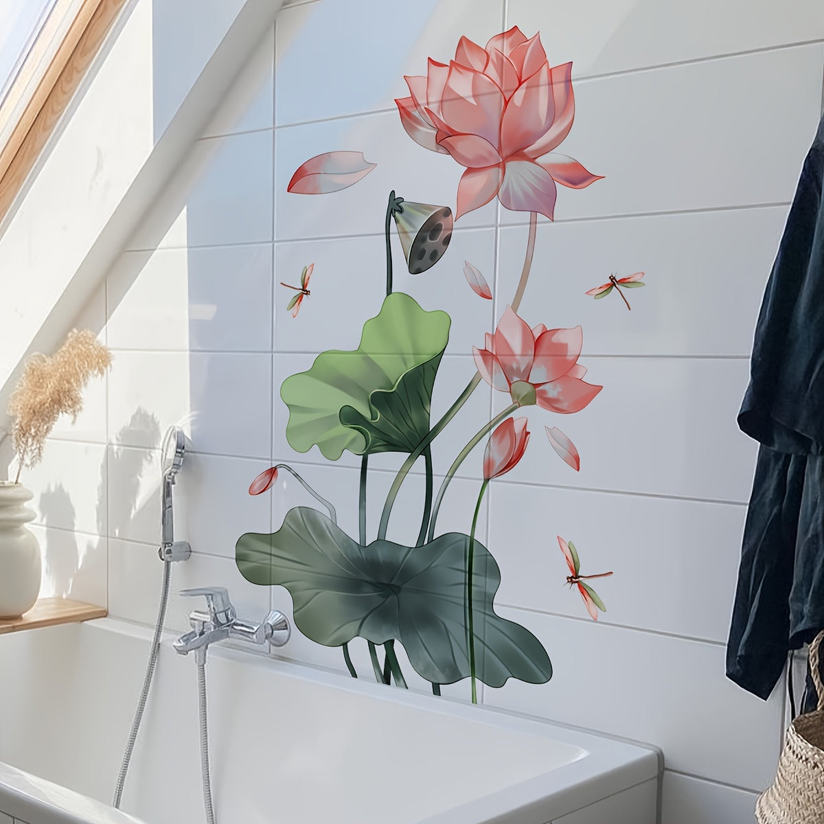 Conjunto de 2 piezas de Pegatinas Decorativas para Bañera y Inodoro de 30*60cm*2pcs con Diseño Simple de Loto y Libélula para Baño, Lavabo y Decoración de Pared del Hogar