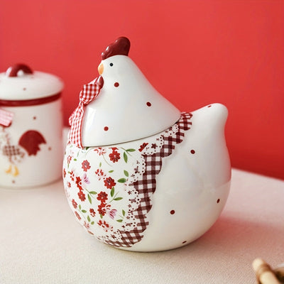 Tarro de Cerámica con Diseño de Pollo Floral Rojo Encantador - Apto para Microondas, Contenedor Sellado con Tapa Abatible para Organización y Decoración de Cocina