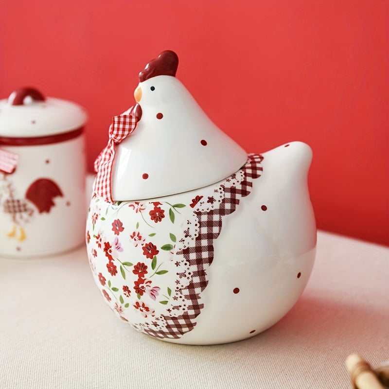 Tarro de Cerámica con Diseño de Pollo Floral Rojo Encantador - Apto para Microondas, Contenedor Sellado con Tapa Abatible para Organización y Decoración de Cocina