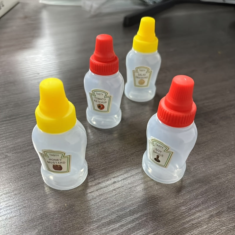 Juego de 4 Botellas Compactas para Condimentos - A prueba de Fugas, Recipientes de Plástico Reutilizables para Ketchup, Mostaza, Mayonesa y Aderezo para Ensaladas, 21g - Ideales para Loncheras, Picnics y Comidas al Día, Botellas de Ketchup y Mostaza
