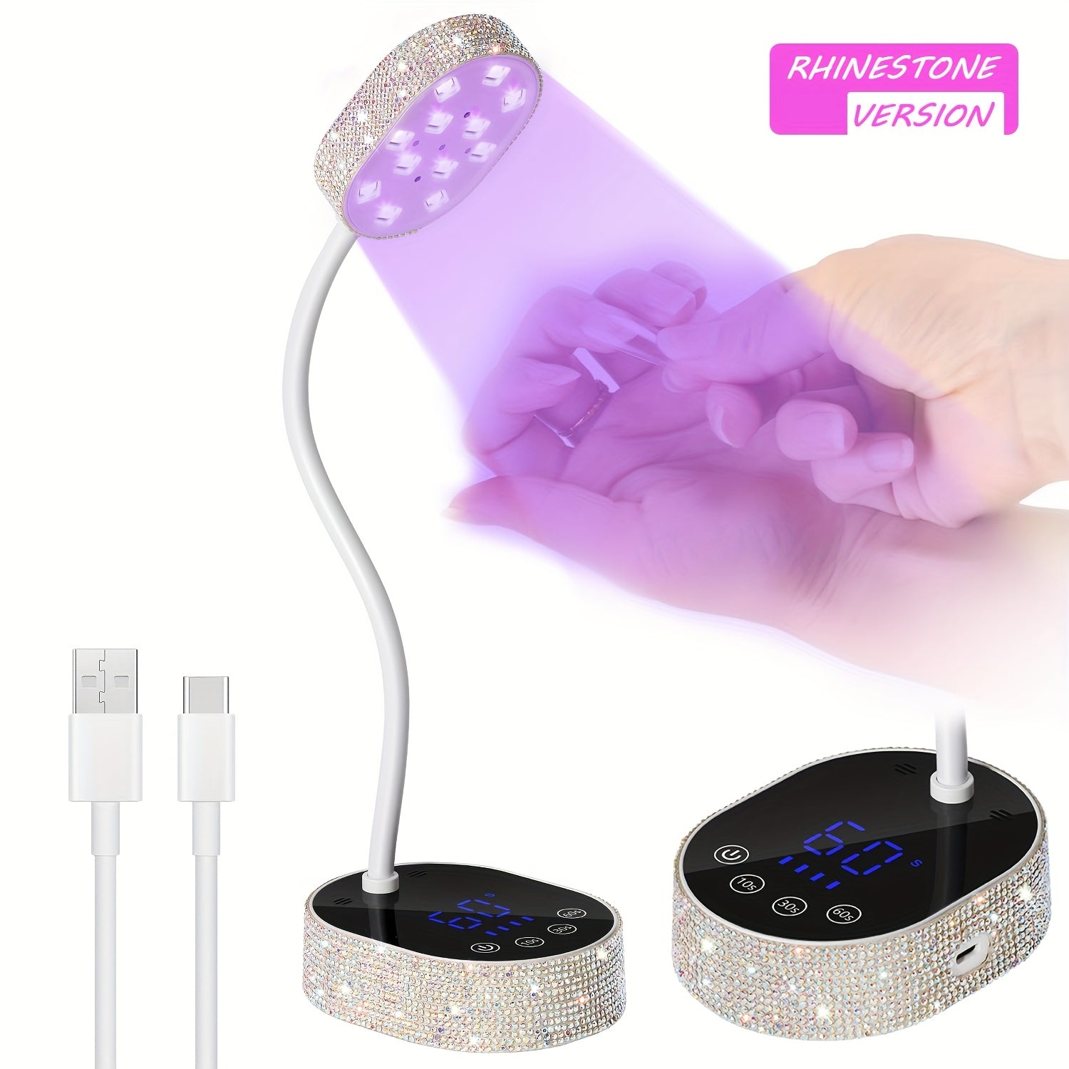 Linterna Profesional para Uñas con Temporizador Digital - Secador de Uñas LED Portátil, Luz Endurecedora USB con Pantalla LCD, Rápida para Hogar y Salón, Regalo de Cumpleaños para Técnicas de Uñas (Batería 1500mAh), Linterna para Gel, Decorada con Rhines