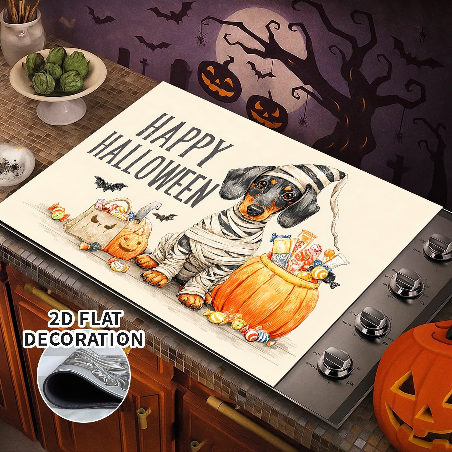1pc Cubierta Decorativa para Estufa de Halloween - Forro Antideslizante con Base de Goma, Simulador de Quemador Eléctrico/Gas, Decoración Espeluznante para Cocina con Texto "Feliz Halloween" - Compatible con la Mayoría de Estufas, Fácil Instalación para