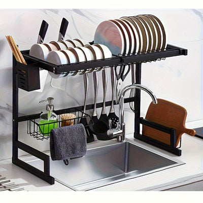 1 pieza de soporte de platos de fregadero de acero inoxidable - Soporte de almacenamiento de cocina de doble capa con soporte de utensilios desmontable y plato de drenaje, organizador de encimera que ahorra espacio, adecuado para uso doméstico y restaura