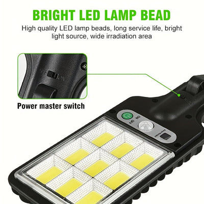 Lámparas solares exteriores: 1 lámpara solar con control remoto y sensor de movimiento, iluminación de 9 cuadrículas y ángulo amplio con LED COB de 6500K, interruptor automático, fácil instalación, ideal para garaje, porche, plaza e iluminación comercial