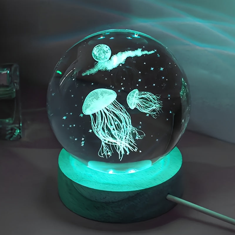 1 pieza de base de madera, luz colorida, 3D, bola de cristal tallada, medusa del océano, luz de noche, bola de cristal, adecuada para decoraciones de fiestas, regalo de cumpleaños.