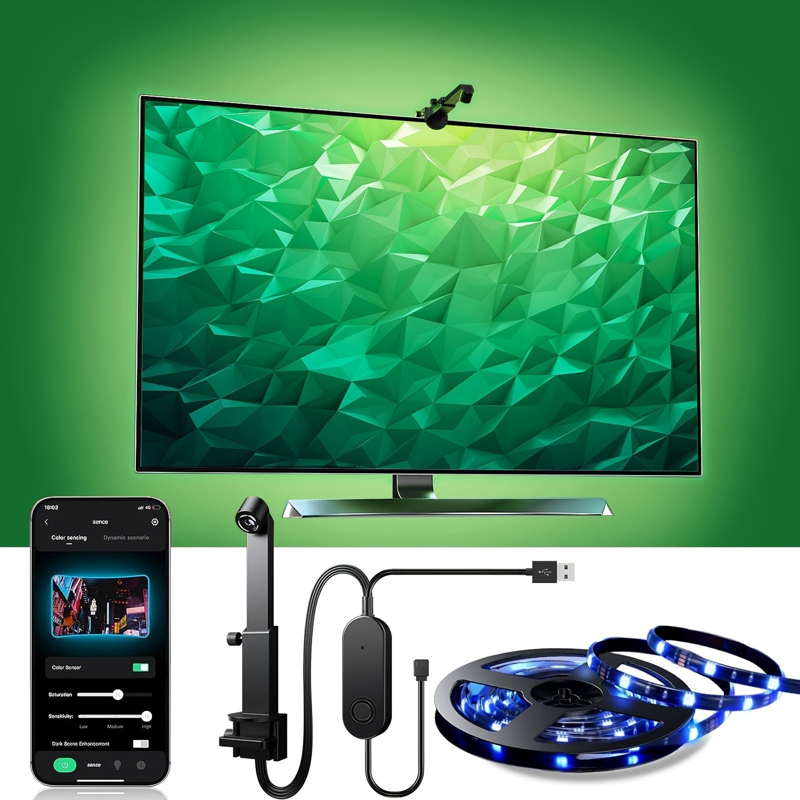 Estrecha de Luz Trasera LED para Smart TV EISSLOLY con Sensor de Color AR, Iluminación RGB de 3.81m-5.0m para Pantallas de 88.9-215.9cm, Control Inalámbrico por Aplicación, Sincronización Musical, Alimentada por USB para Sala de Estar y Configuración de