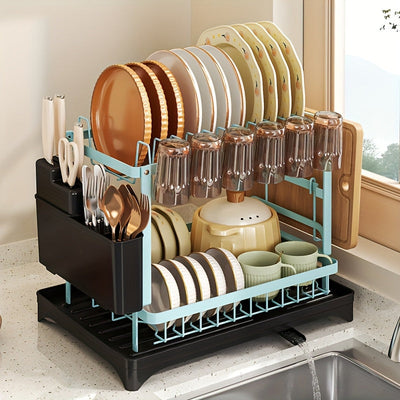 Estante de secado de platos de metal de 2 niveles con escurridor, estante de platos de cocina multifuncional con soporte para utensilios y tazas, ahorro de espacio, a prueba de óxido, negro