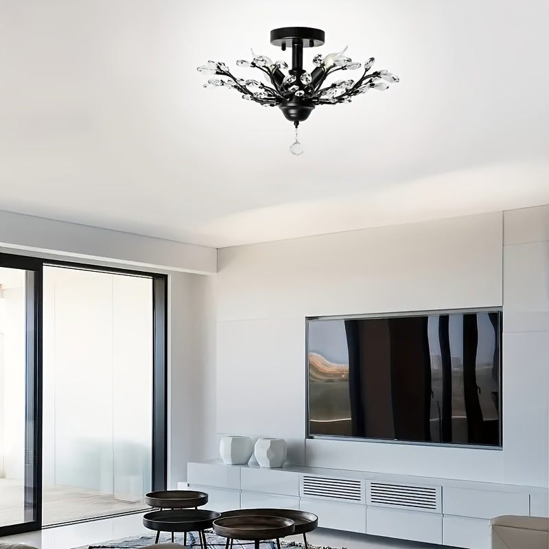 Elegancia Vintage: Moderno Cristal de Vidrio K9 con 4 bases E12 - Acabado de Metal Negro, Montaje Semi-Inclinado para Sala de Estar, Dormitorio, Comedor, Oficina y Iluminación de Techo de Porche - Bombillas no incluidas, Lámpara de Techo, Cercana a Luces