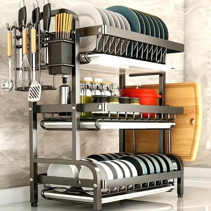 Estantería de Cocina de 3 Niveles en Acero Inoxidable con Sistema de Drenaje, Organizador Multifuncional para Tazones y Utensilios, Gran Capacidad y Diseño Ahorrador de Espacio Apto para Platos y Tablas de Cortar