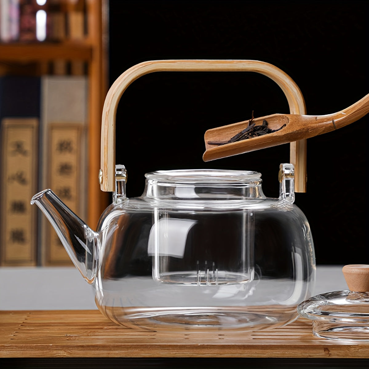1pc Tetera de Vidrio Borosilicato Transparente de 1000ml con Infusor Extraíble - Apta para Cocina, Ideal para Té de Hojas y Té en Flor, Perfecta para Uso Doméstico o de Cocina, Diseño Transparente con Mango de Madera, Ideal para Regalos de Vacaciones, In