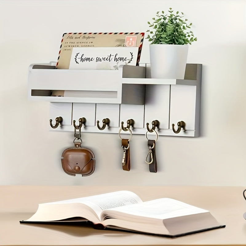 Organizador de llaves y correo con ganchos y estantes de madera reciclada para pared, estilo rústico - Para entrada, cocina o sala, fácil instalación, decoración de alta calidad, acabado con vetas naturales, decoración vintage, organizador para espacios