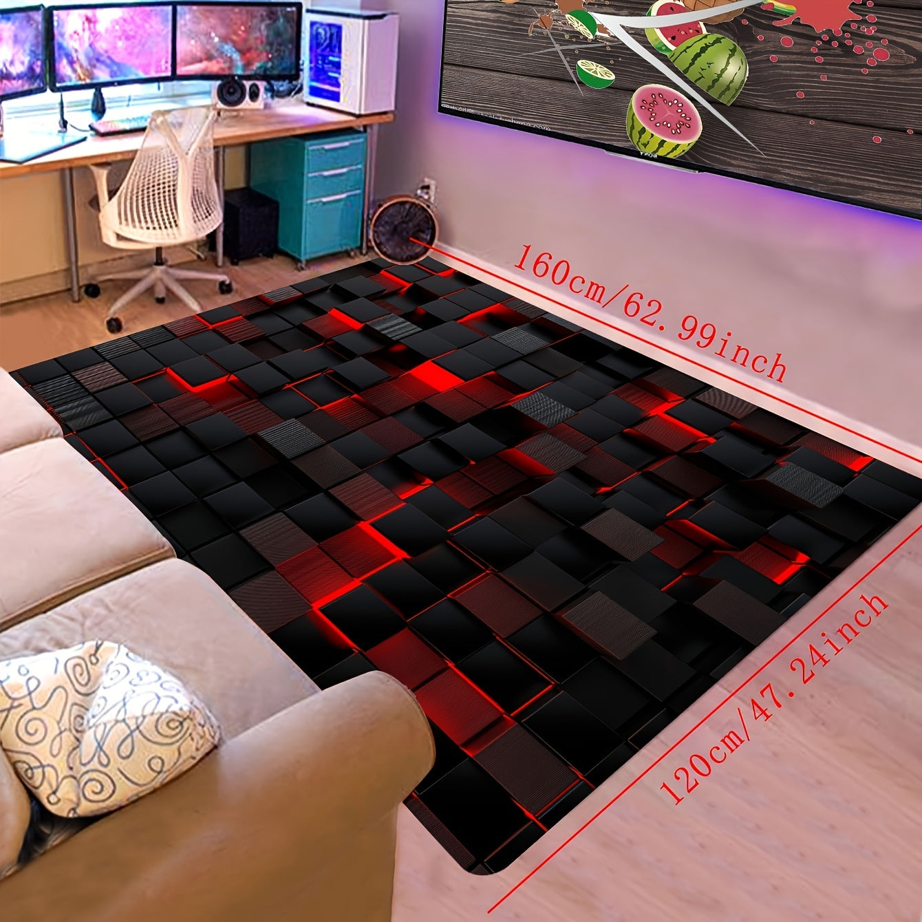 Alfombra de Sala Roja con Diseño Geométrico en 3D, Alfombra Decorativa Navideña para el Suelo Estilo Minimalista y Geométrico, Adecuada para Salón, Dormitorio y Pasillo