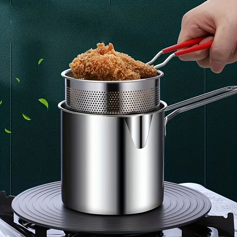 Fritadora profunda de acero inoxidable con soporte de colador integrado - Compacta y duradera, fácil de limpiar, perfecta para papas fritas, pescado y pollo - Esencial para la cocina del hogar, cocina sin aceite, moderna vajilla, material fácil de limpia