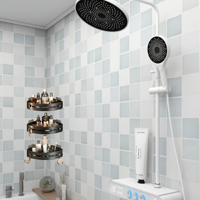 3 estantes de esquina para ducha de plástico negro, organizador de baño montado en la pared sin taladro para champú, jabón y más - diseño de 3 niveles ahorrador de espacio, ideal para cocina y baño, repisas para ducha