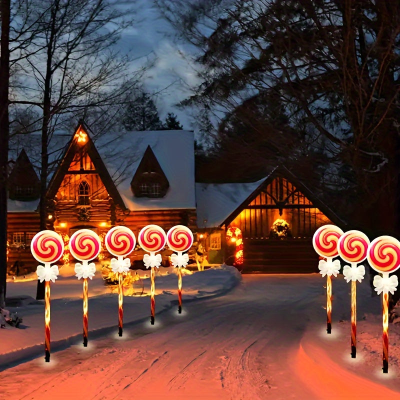 1 Juego, Luces Solares para Camino de Dulces, Decoraciones Navideñas con Lazo, Decoración de Patio Navideño, Jardín, Césped, Porche, Luces de Tierra para Césped, Luces de Color para Festivales al Aire Libre