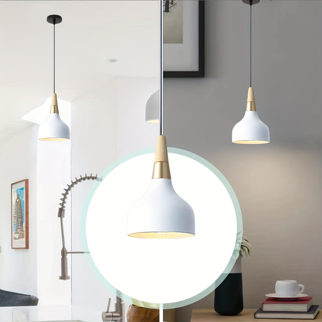 Araña de Luz Colgante E26/27 Estilo Arte Deco Industrial Iluminación de Techo Sencilla Lámpara Nórdica con Pantalla para Comedor, Isla de Cocina o Pasillo (Madera, Blanco)