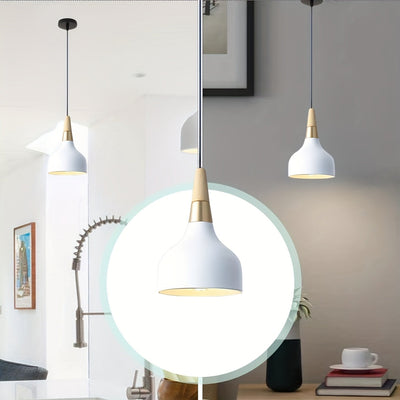 Araña de Luz Colgante E26/27 Estilo Arte Deco Industrial Iluminación de Techo Sencilla Lámpara Nórdica con Pantalla para Comedor, Isla de Cocina o Pasillo (Madera, Blanco)