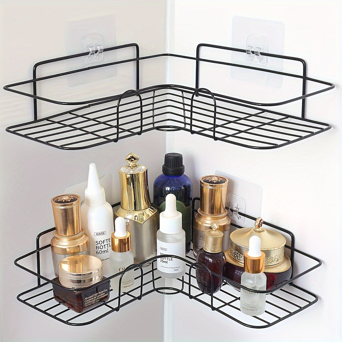 1 estante de almacenamiento para baño de acero inoxidable, repisa de esquina para ducha con tubo dorado, organizador sin perforación para diferentes tipos de habitaciones, incluye 2 adhesivos sin costuras, acabado en blanco/negro
