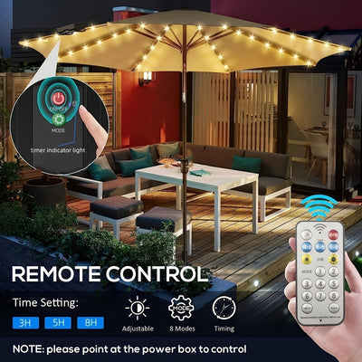 Luces Solares de Sombrilla TPGEBO con Control Remoto - 8 Modos de Brillo, Función de Temporizador, Pinza para Panel Solar para Patio, Playa, Jardín y Decoraciones de Fiesta (Incluye Pilas), Luces Solares Exteriores