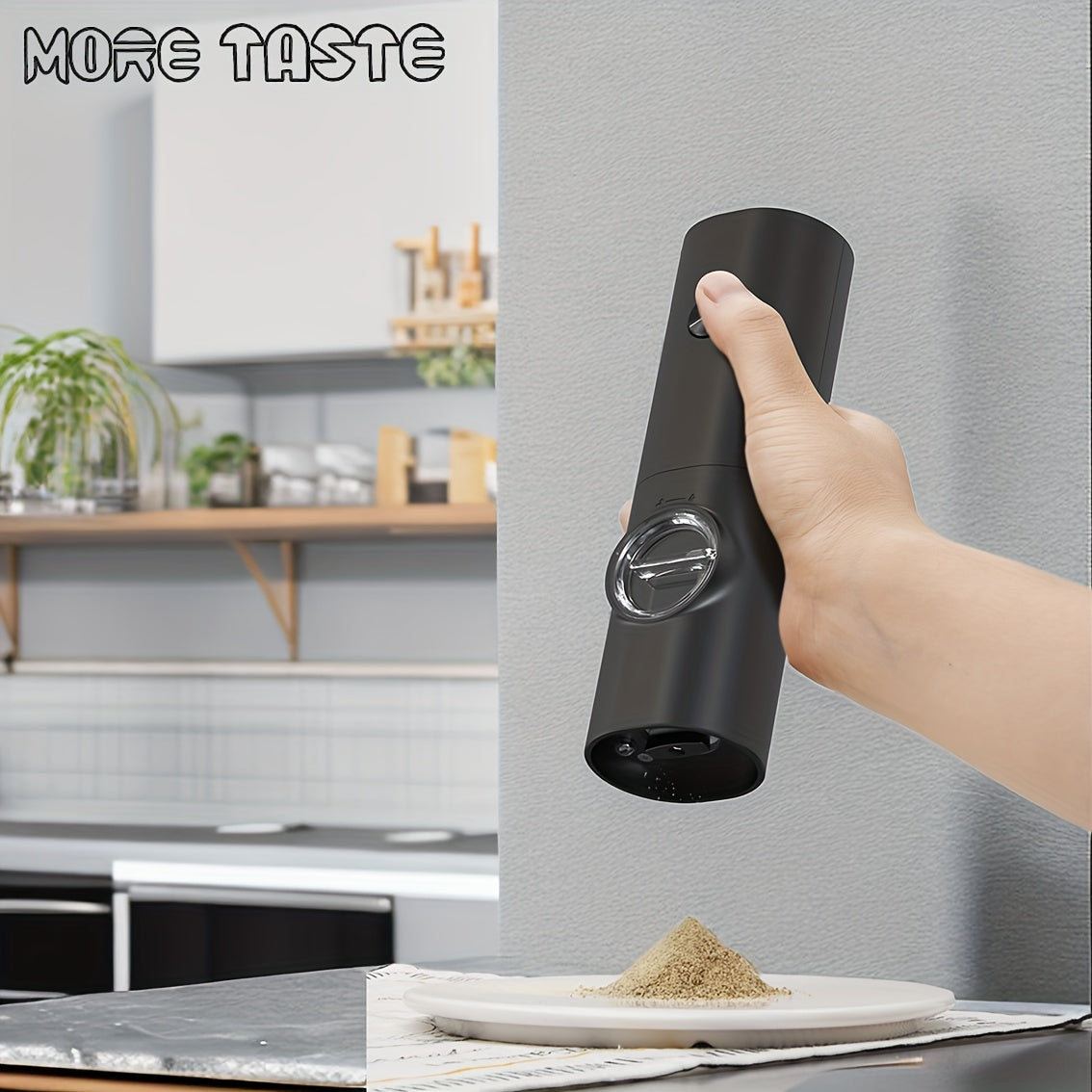 MOLINILLO ELÉCTRICO DE SAL Y PIMIENTA MORE TASTE - Operación con una mano con luz LED, grosor ajustable, molinillo de acero inoxidable recargable, operación automática para especias frescas, molinillo de especias de cocina | Diseño negro elegante | Const