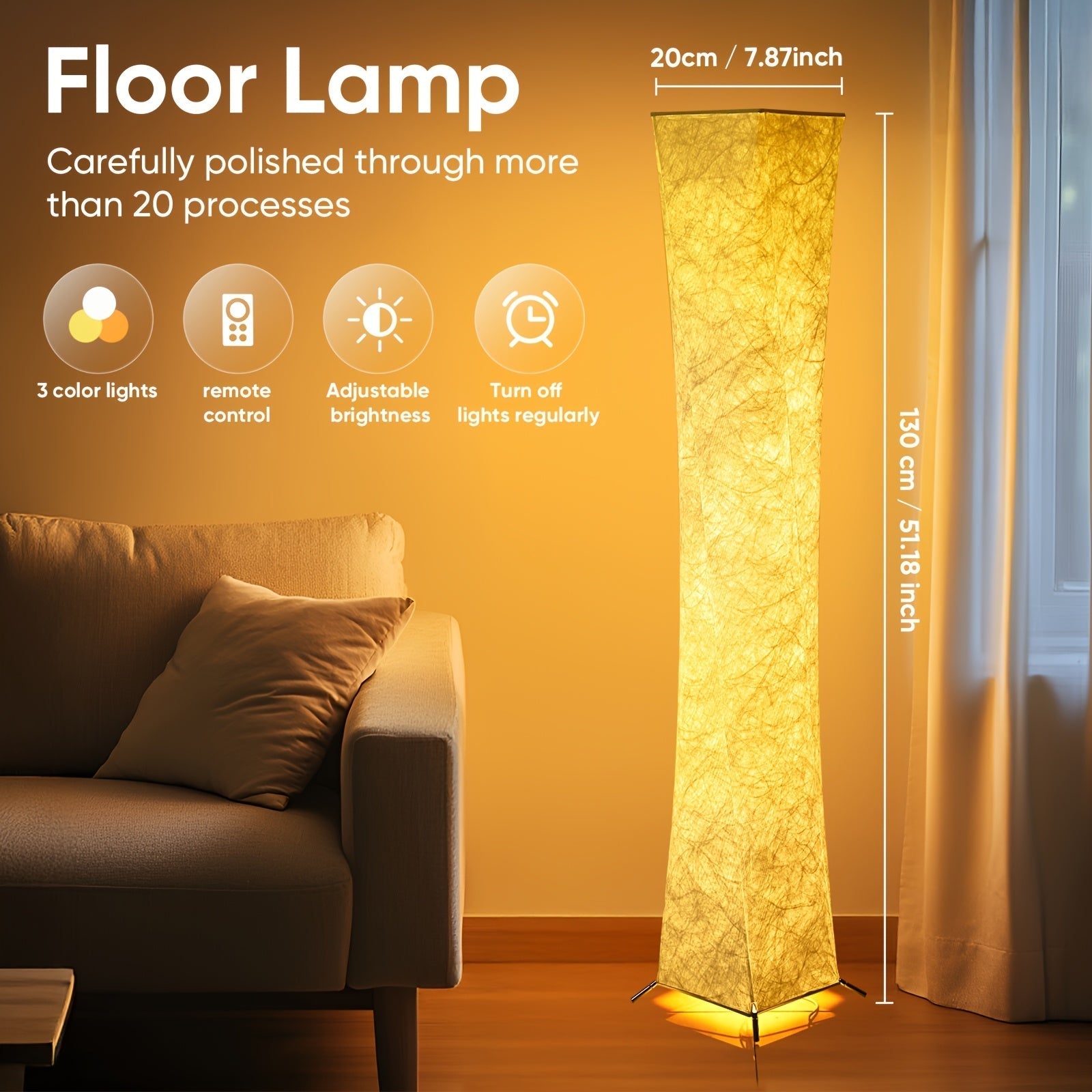 Lámpara de pie LED moderna de 132.08 cm, luz cálida ajustable de 3000K, control remoto, alimentación por USB, acabado metálico mate, pantalla de Tyvek en color sólido, decoración espacial para dormitorio, sala de estar o sala de juegos