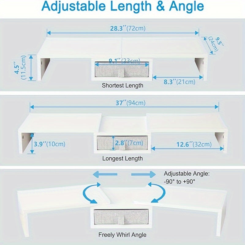 Soporte Ajustable para Doble Monitor con Cajón - Elevador de Escritorio de Madera de 93.98cm para 2 Pantallas, Portátiles y PC - Organizador de Almacenamiento que Ahorra Espacio, Ganchos de Utilidad