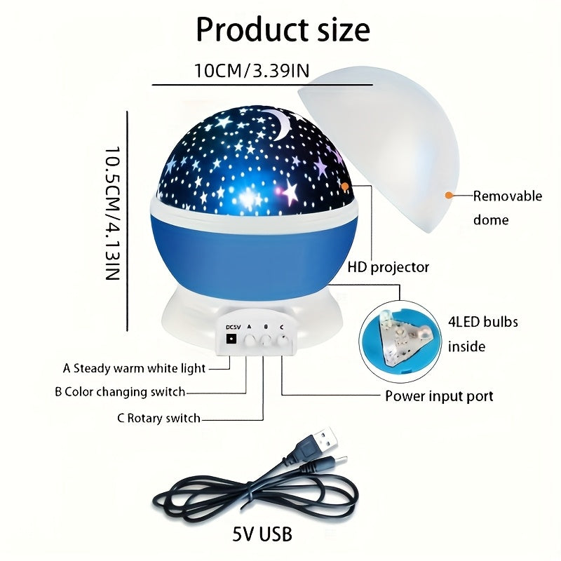 Lámpara de proyección 3D giratoria de estrellas y luna con 12 modos de color, acabado en metal pulido, diseño autónomo para decoración de habitación y fiestas, lámpara portátil para exteriores, alimentación por USB, para mayores de 14 años, iluminación d