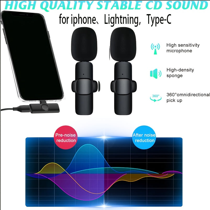 Microfono sin varillas Lavalier Profesional, Compatible con iPhone iPad Cargador Tipo-C - 2 Piezas Plug-and-Play para Grabación y Entrevistas, Reducción de Ruido Automática, Mini Micrófono Clip-On con Estuche de Carga, Compatibilidad con Laptop