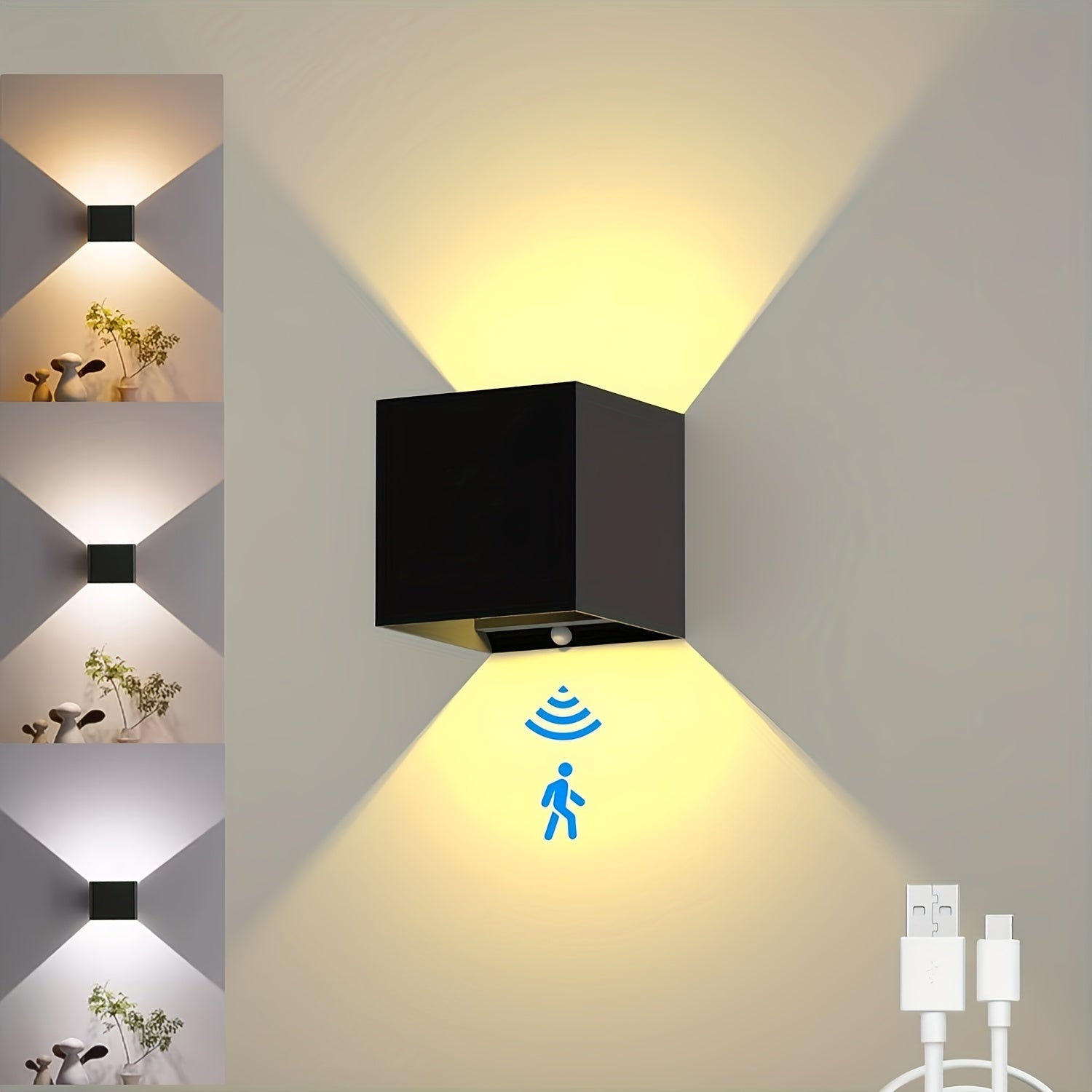Luz LED moderna negra con sensor de movimiento y brillo ajustable, con batería recargable, para clósets, gabinetes, dormitorios, salas y escaleras - Ideal para decoración de interiores