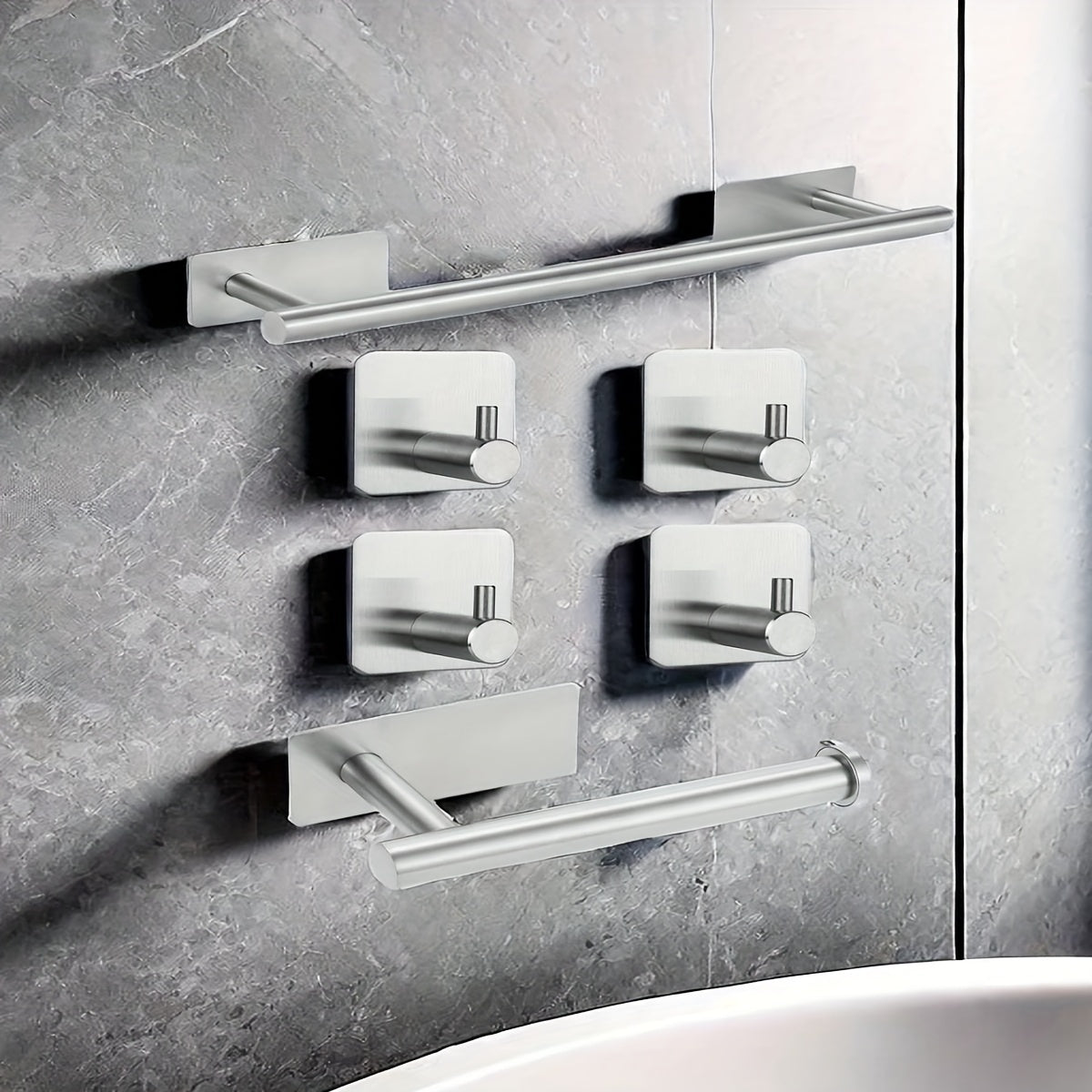 Juego de 6 toalleros contemporáneos, kit de herrajes para baño de acero inoxidable con toallero, toallero de pared, portarrollos de papel higiénico, ganchos para batas - Instalación sin taladros