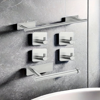 Juego de 6 toalleros contemporáneos, kit de herrajes para baño de acero inoxidable con toallero, toallero de pared, portarrollos de papel higiénico, ganchos para batas - Instalación sin taladros