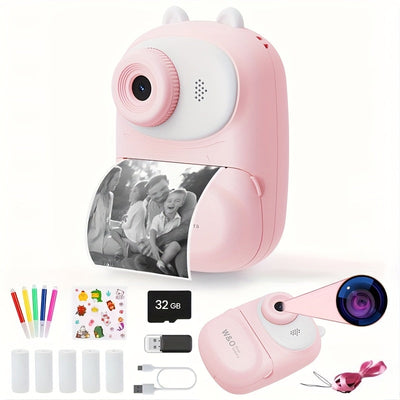 Cámaras de impresión instantánea W&O 3 rodillos - Pantalla IPS HD 1080P recargable por USB, impresora de fotos portátil con tarjeta TF de 32 GB y lector, función de temporizador, cámara digital multifuncional para principiantes, regalo perfecto para cump