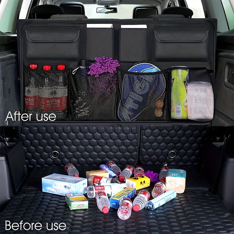 1 Organizador de Maletero y Asiento de Coche Duradero en Poliéster - Bolsa Plegable con 8 Bolsillos y Correas Ajustables, Ideal para Herramientas, Botellas y Accesorios, Perfecto para Almacenamiento en el Vehículo