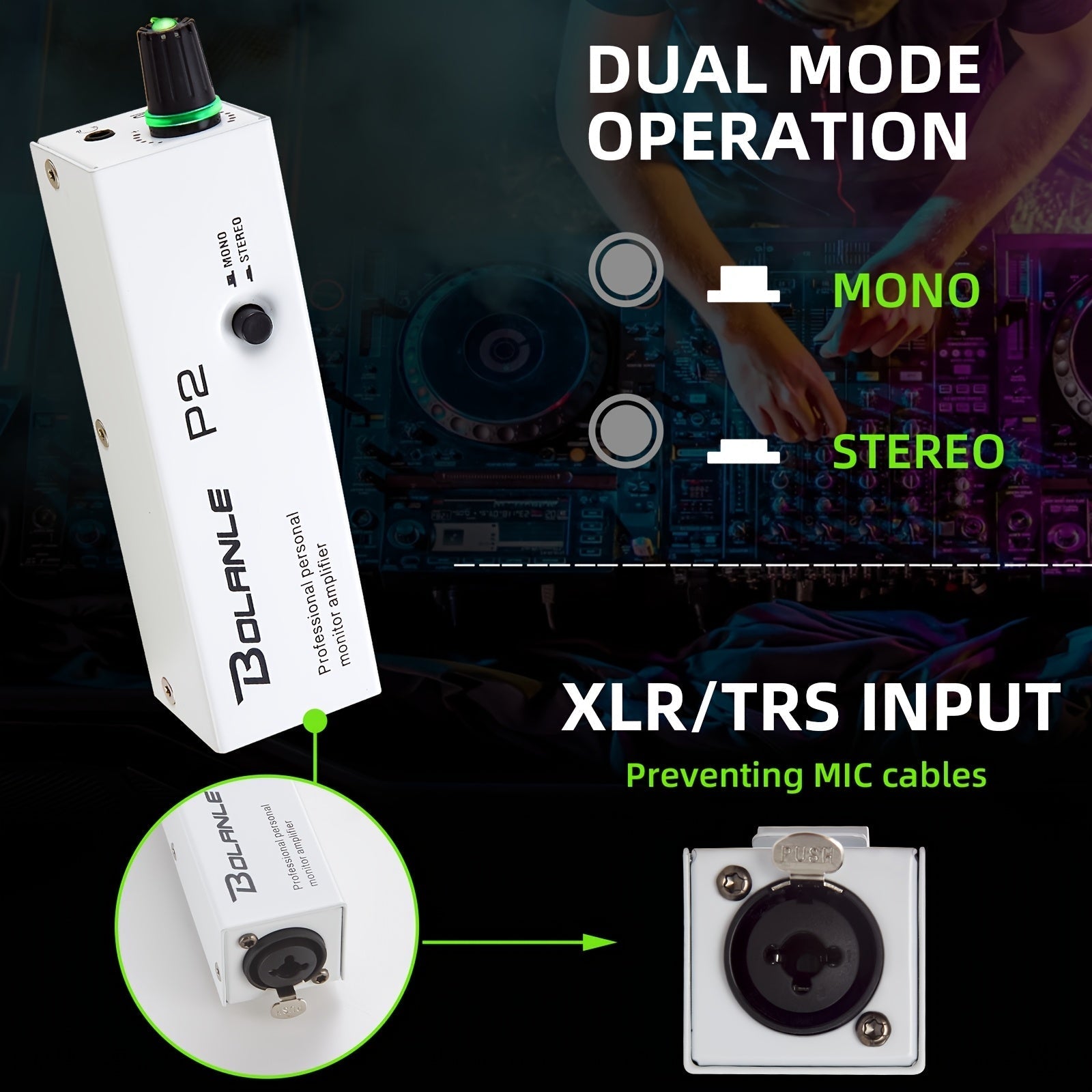 Amplificador portátil de monitores intraurales BOLANLE P2 con entradas XLR y TRS, salida de 3.5mm, interruptor estéreo/monofónico, para tecladistas, bateristas y guitarristas - Funciona con batería, metal, batería no incluida, configuración de estudio |