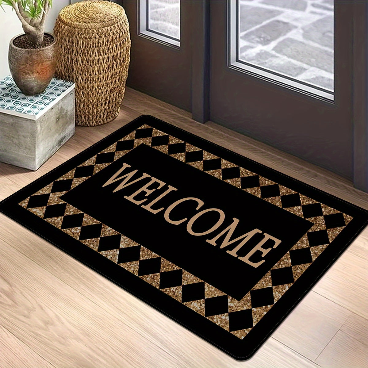 1 pieza de "BIENVENIDO" alfombra de pana - Poliéster antideslizante, ligero, patrón de cuadros negro y dorado, perfecto para decoración del hogar, alfombra de bienvenida para la entrada | Alfombra de patrón de cuadros | Alfombra de fibra de poliéster, al