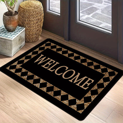 1 pieza de "BIENVENIDO" alfombra de pana - Poliéster antideslizante, ligero, patrón de cuadros negro y dorado, perfecto para decoración del hogar, alfombra de bienvenida para la entrada | Alfombra de patrón de cuadros | Alfombra de fibra de poliéster, al