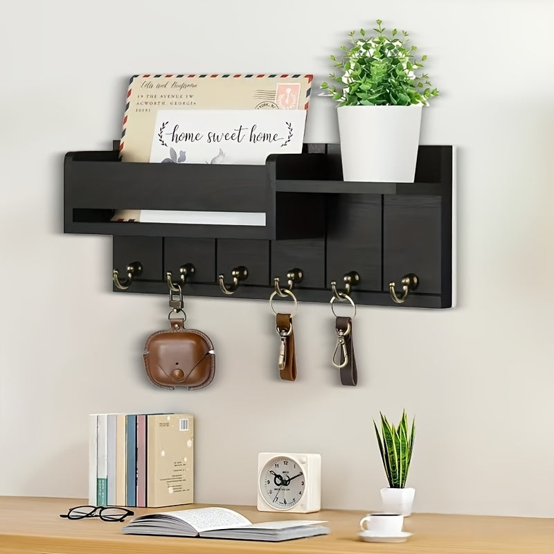 Organizador de llaves y correo con ganchos y estantes de madera reciclada para pared, estilo rústico - Para entrada, cocina o sala, fácil instalación, decoración de alta calidad, acabado con vetas naturales, decoración vintage, organizador para espacios