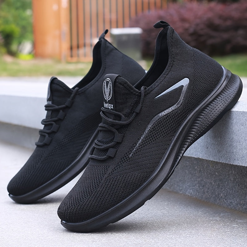 Tenis para hombre transpirables de tejido de punto, ligeros y antideslizantes, ideales para gimnasio, basquetbol y aventuras al aire libre, diseño con cordones, color negro con detalles en blanco, ajuste cómodo, estilo deportivo elegante