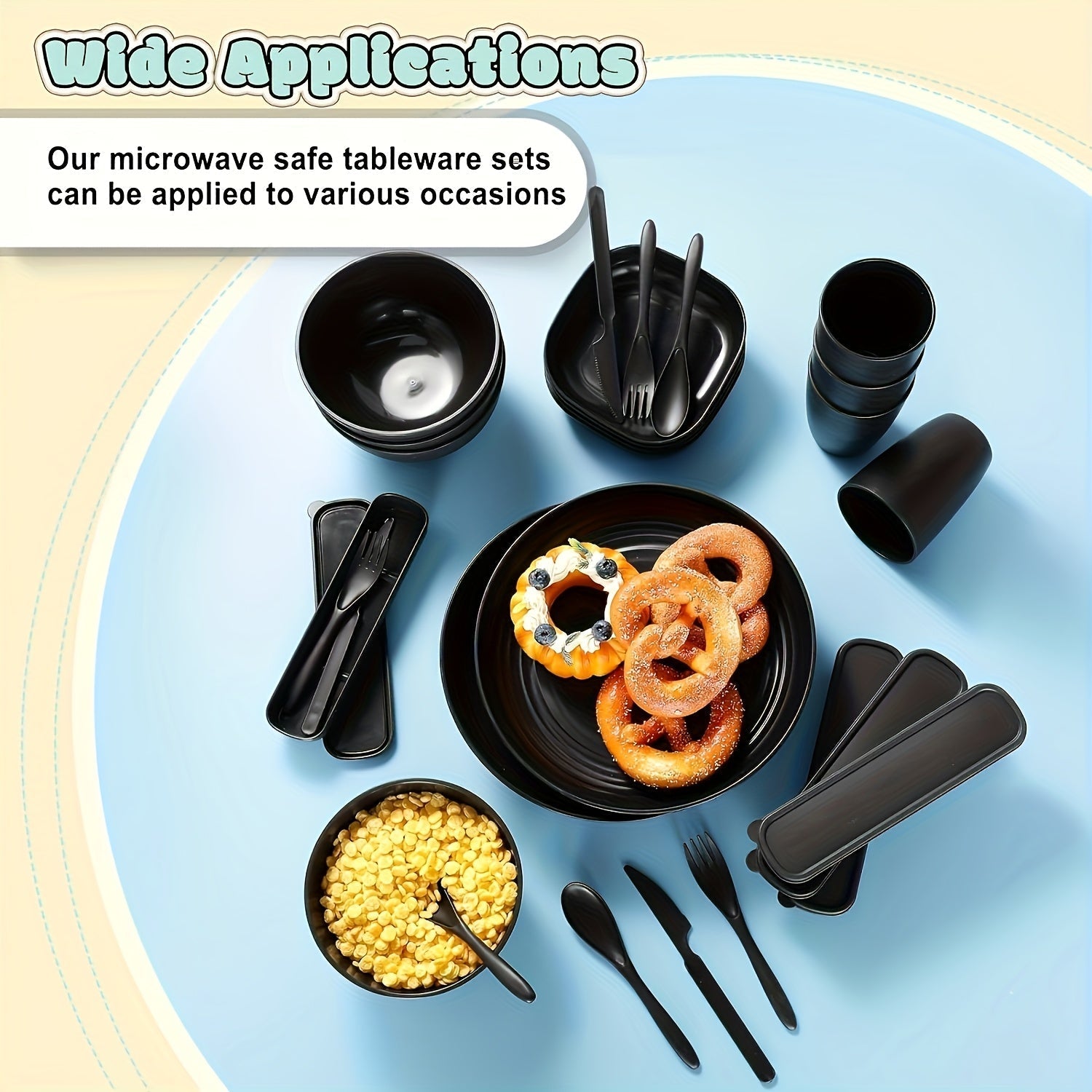 Juego de Vajilla Elegante de Plástico Negro de 32 Piezas - Incluye Platos, Cuencos, Tazas, Tenedores, Cucharas, Cuchillos - Reutilizable y Apto para Microondas - Ideal para el Hogar, Picnics, Regalos - Diseño Redondo Elegante Perfecto para Celebraciones