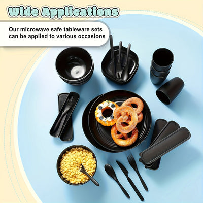 Juego de Vajilla Elegante de Plástico Negro de 32 Piezas - Incluye Platos, Cuencos, Tazas, Tenedores, Cucharas, Cuchillos - Reutilizable y Apto para Microondas - Ideal para el Hogar, Picnics, Regalos - Diseño Redondo Elegante Perfecto para Celebraciones