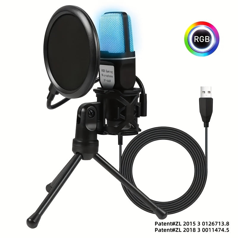 Micrófono para juegos, micrófono USB para PC, podcast, videos y streaming, micrófono condensador con función de silencio rápido, trípode, cubierta antipop, luz indicadora RGB, amortiguador de golpes, botón giratorio de ganancia, compatible con PS4/5/PC
