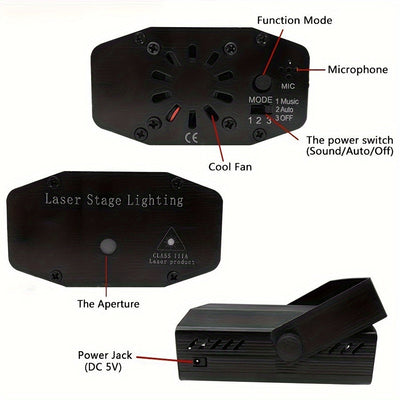 Mini proyector de discoteca con control de sonido, luz estroboscópica automática, láser y cable de alimentación USB de 99.97 cm, ideal para fiestas de cumpleaños, bodas, bares, KTV, discotecas, fiestas en casa, Halloween y Navidad (sin control remoto) (A