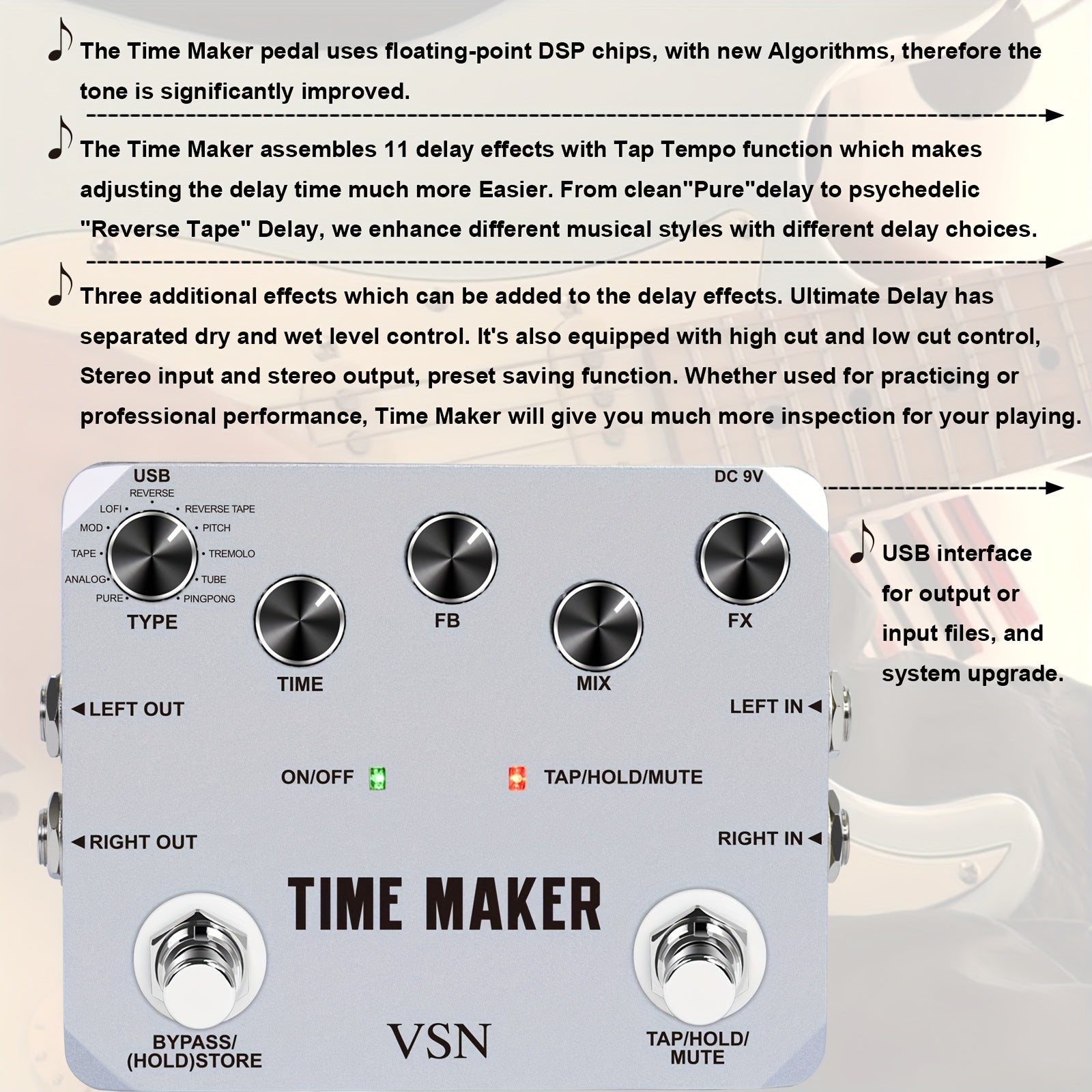 Pedal de retardo VSN Pedal de retardo de guitarra Time Maker 11 tipos de pedales de retardo definitivos Pedal de efecto de bajo con Tap Tempo True Bypass