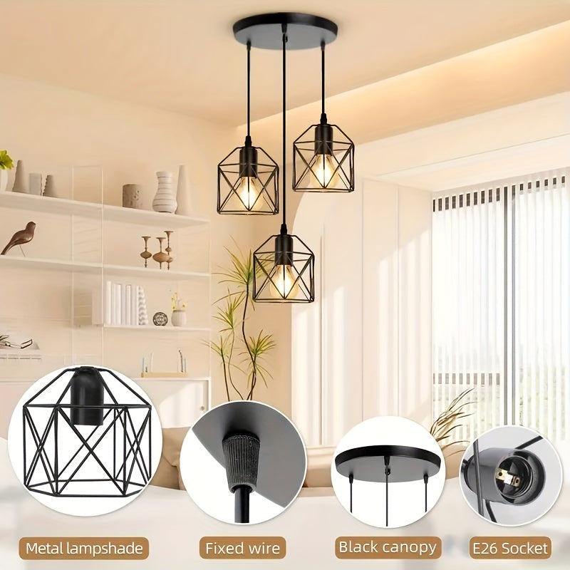 Lámpara colgante industrial vintage de 3 luces, ajustable, negra, con base E27, acabado metálico mate, ideal para cocina, comedor o pasillo (focos no incluidos), decoración de cocina