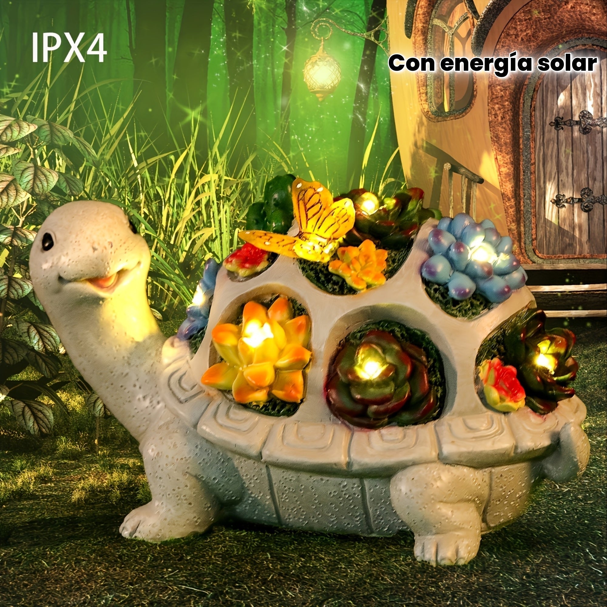 1 Estatuilla de Tortuga con Flores y Mariposas Coloridas Alimentada por Energía Solar - Decoración Impermeable IPX4 para Exteriores, Jardines, Patios e Interiores
