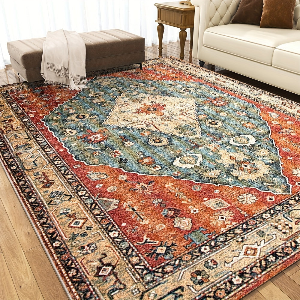 Alfombra de estilo persa lavable roja 850 g/m², estampado vintage para interiores, imitación antigua, peluche de alta calidad, gran área decorativa antimañanas para pasillos, dormitorios y cocinas