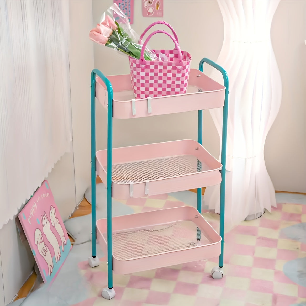 Carrito organizador rodante de 3 niveles, gran capacidad, estructura de acero al carbono, estilo glam, multiusos para el hogar y la oficina, con canastas
